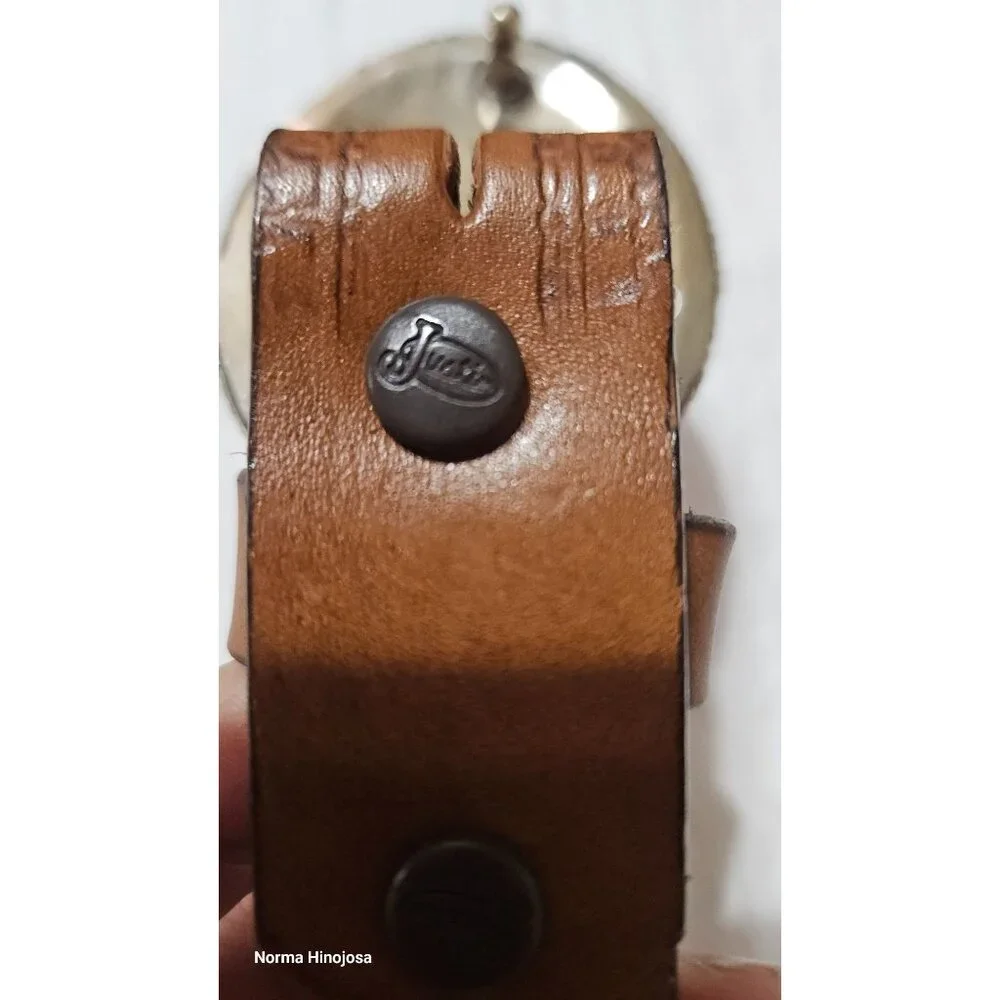 Vintage Justin Champion Western Leather Belt W/ Tooled Buckle & Woven Design 25